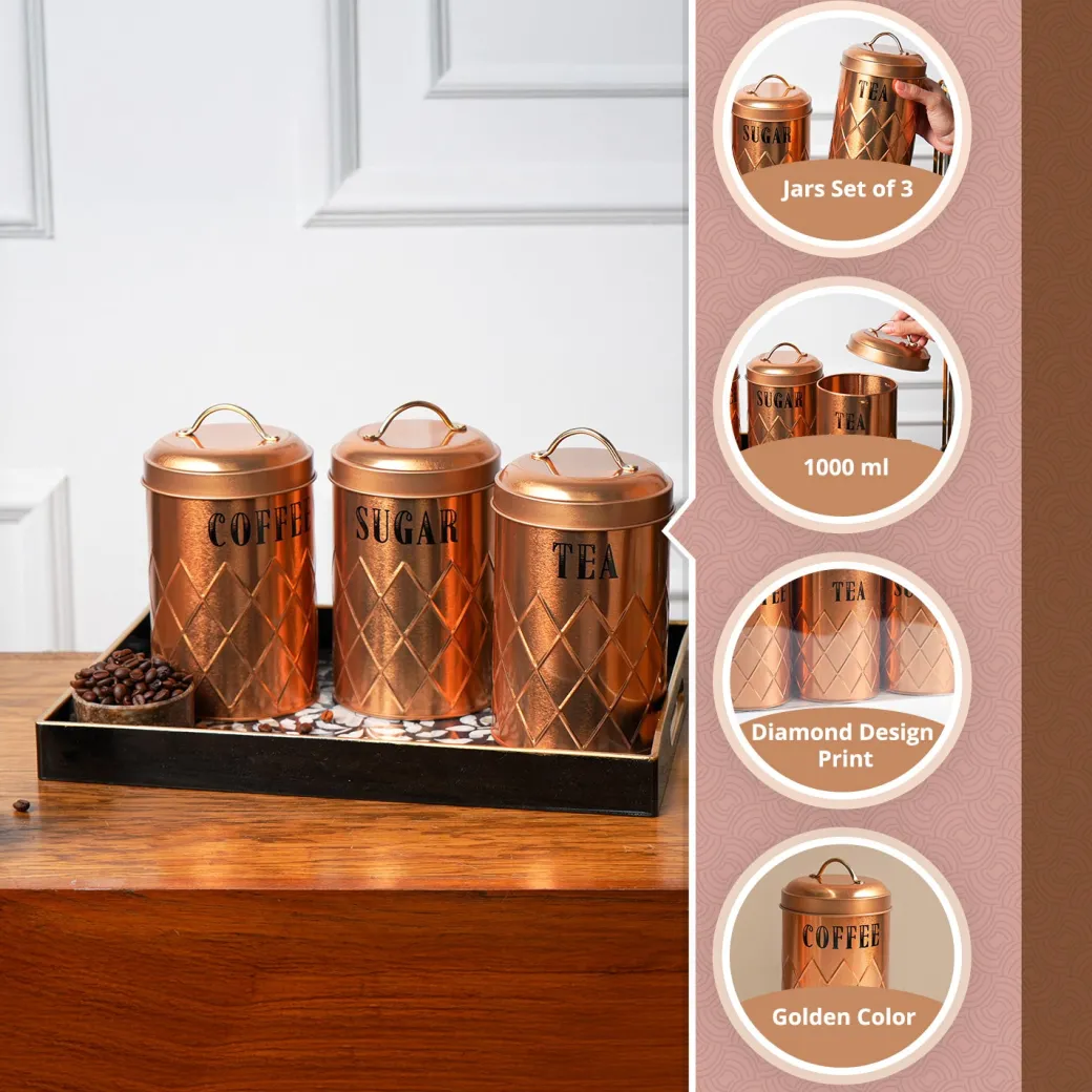 MARKET99 Golden Iron Coffee, Tea & Sugar Jars (Set of 3) - 1000mL Each