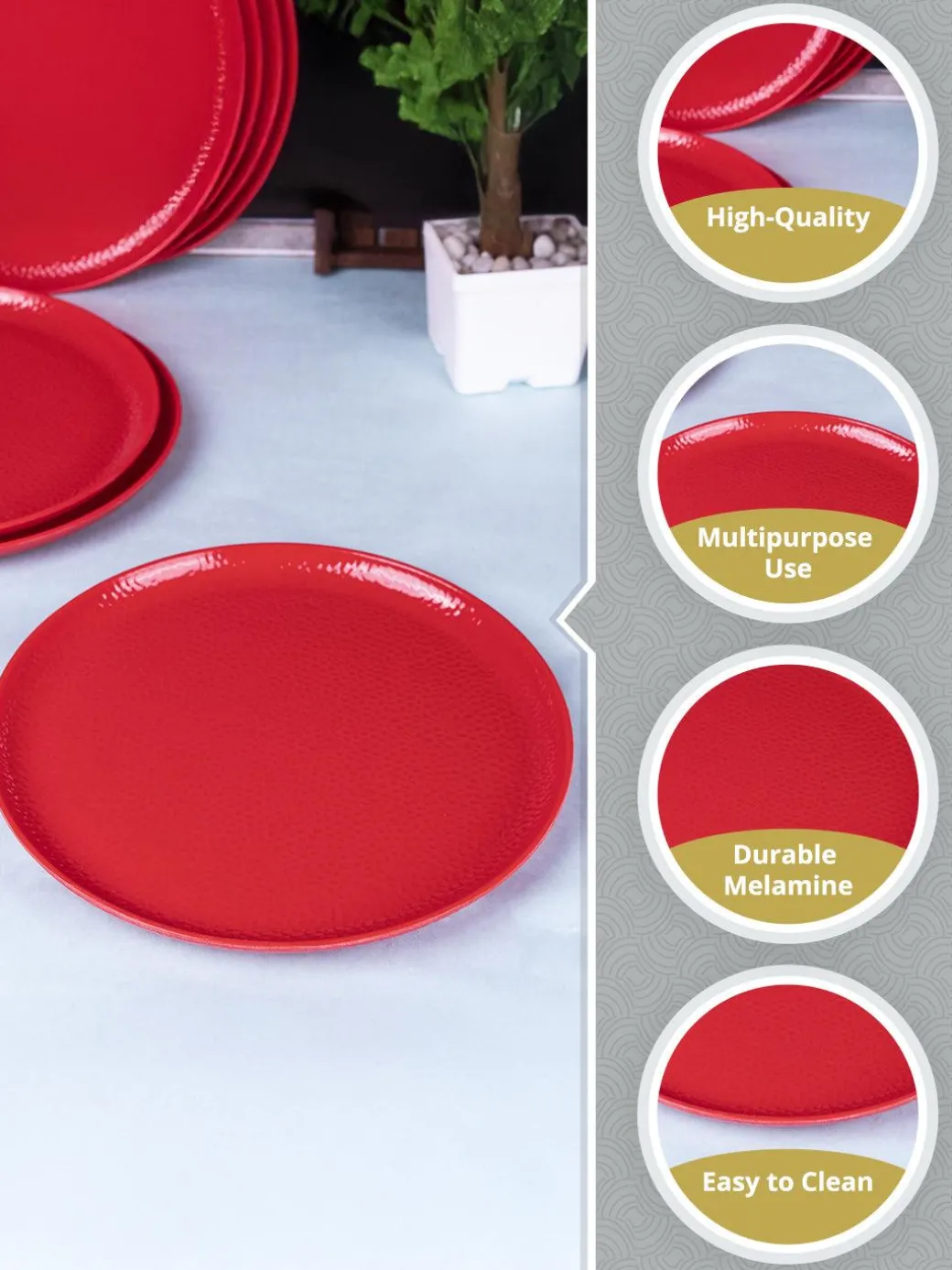 Market99 Hammered Melamine Tableware Red Glossy Finish Full Plates for Dining Table (Set Of 6, Red)