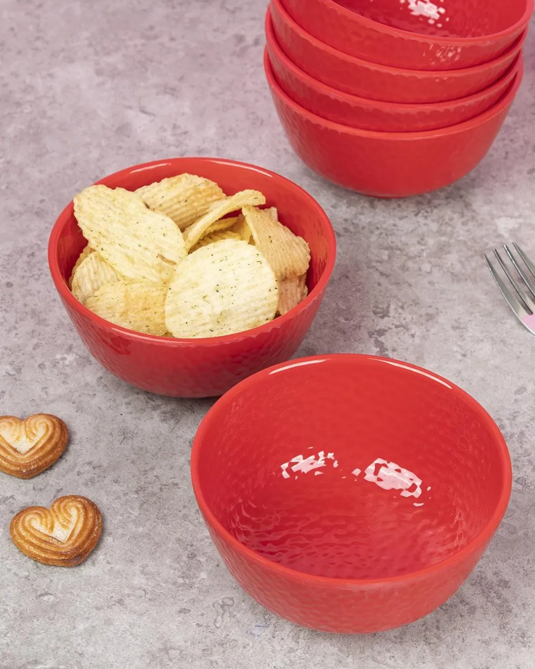 Market99 Hammered Melamine Tableware Red Glossy Finish Soup Bowls for Dining Table (Set Of 6, 300 mL )