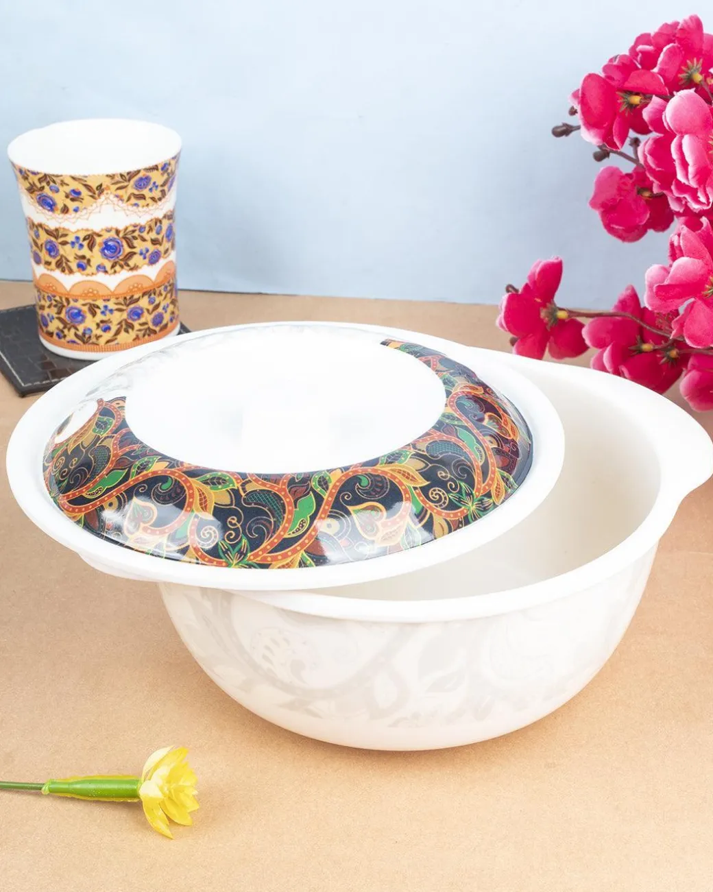Market99 Melamine Tableware Glossy Finish Dual Glazed Casserole with Lid for Dining Table