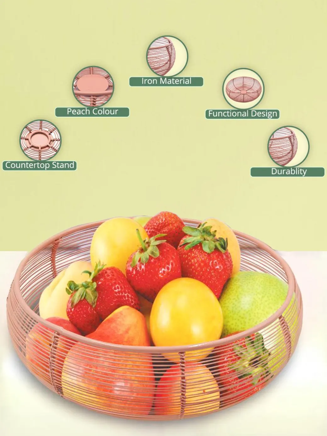Market99 Metal Wire Countertop Fruit Basket for Home & Kitchen - Peach Colour, Iron