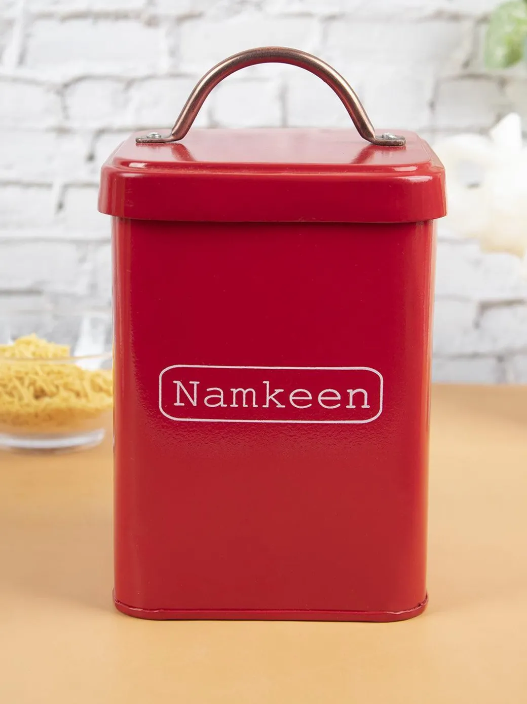 Market99 Namkeen Jar, Kitchen Decorative, Countertop Metal Storage Jar, Red, Mild Steel