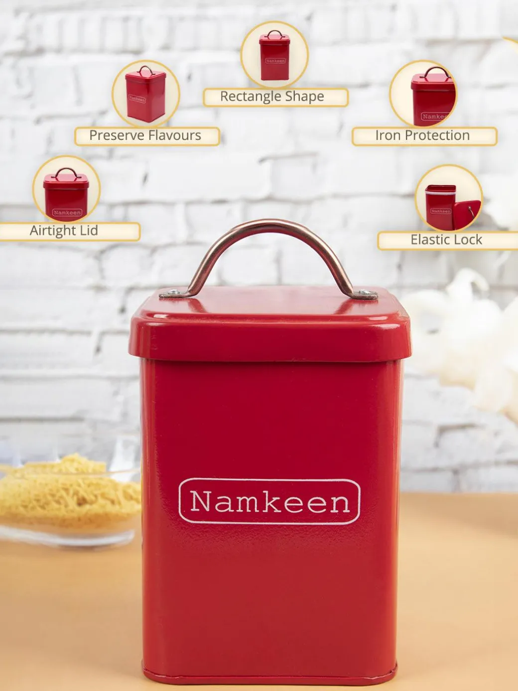 Market99 Namkeen Jar, Kitchen Decorative, Countertop Metal Storage Jar, Red, Mild Steel