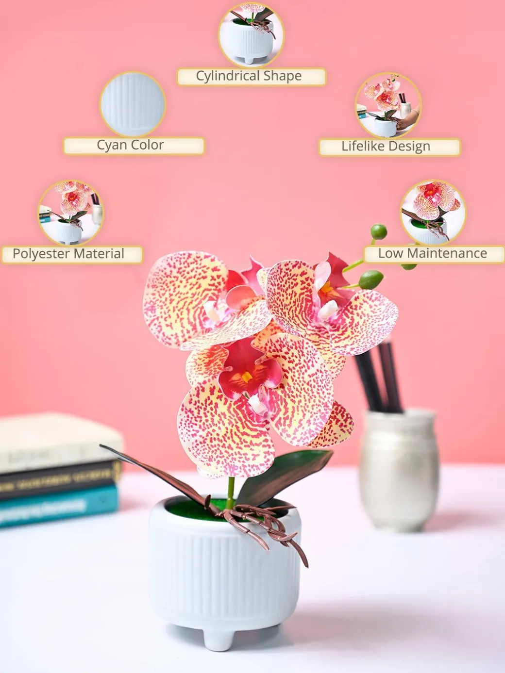 Market99 Pink Artificial Orchid Flower With Cyan Pot