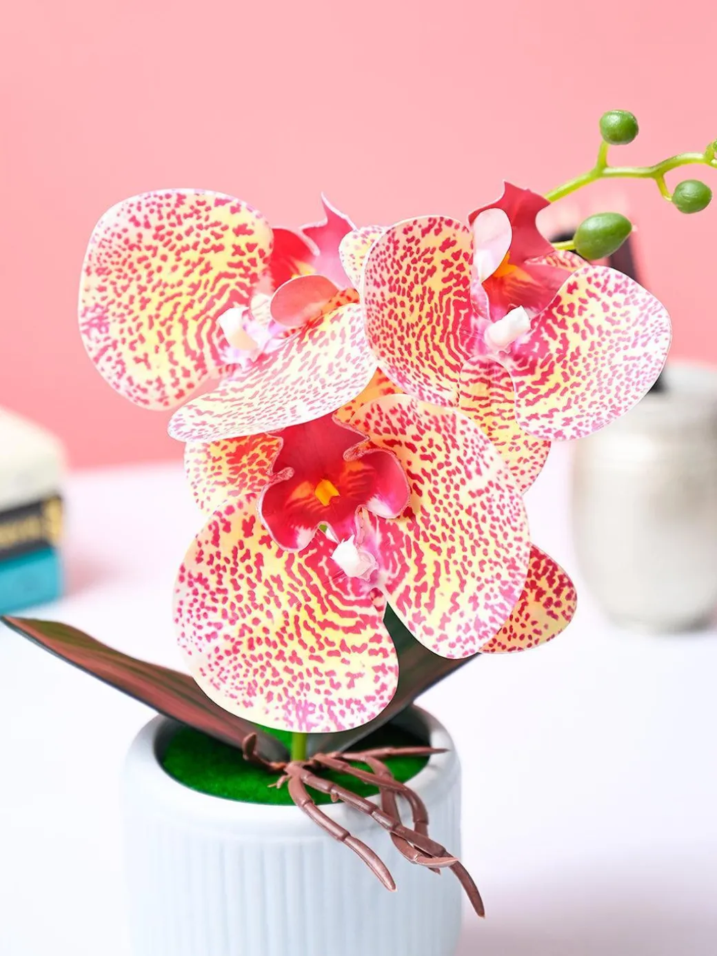 Market99 Pink Artificial Orchid Flower With Cyan Pot