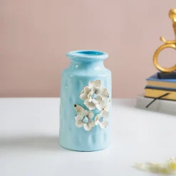 MARKET99 Sky Blue Round Ceramic Vase with Floral Appliques