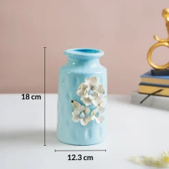 MARKET99 Sky Blue Round Ceramic Vase with Floral Appliques