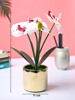 Market99 White Artificial Orchid Flower With Golden Pot