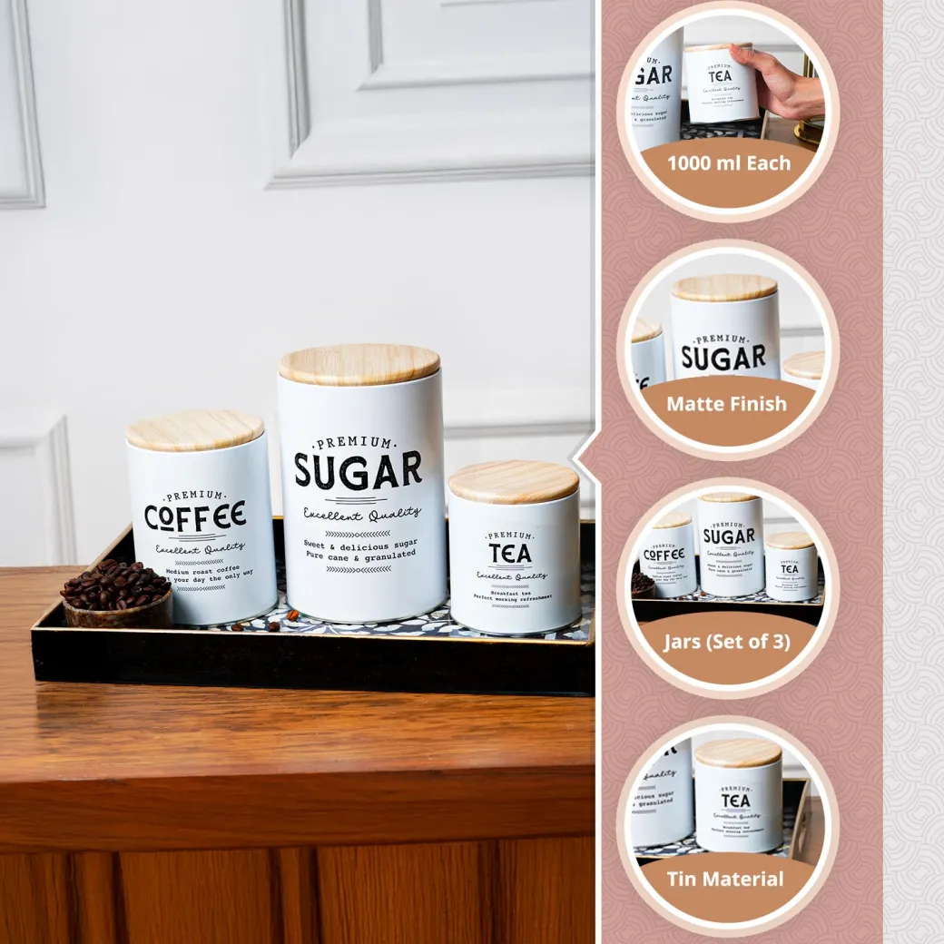 MARKET99 White Iron Coffee, Tea & Sugar Jars - (1000 ml Each, Set Of 3)