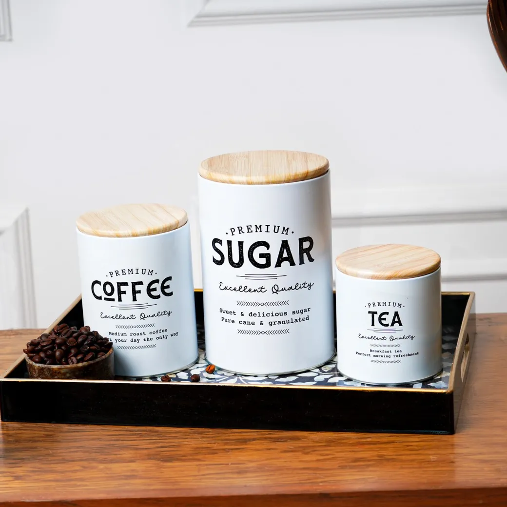 MARKET99 White Iron Coffee, Tea & Sugar Jars - (1000 ml Each, Set Of 3)