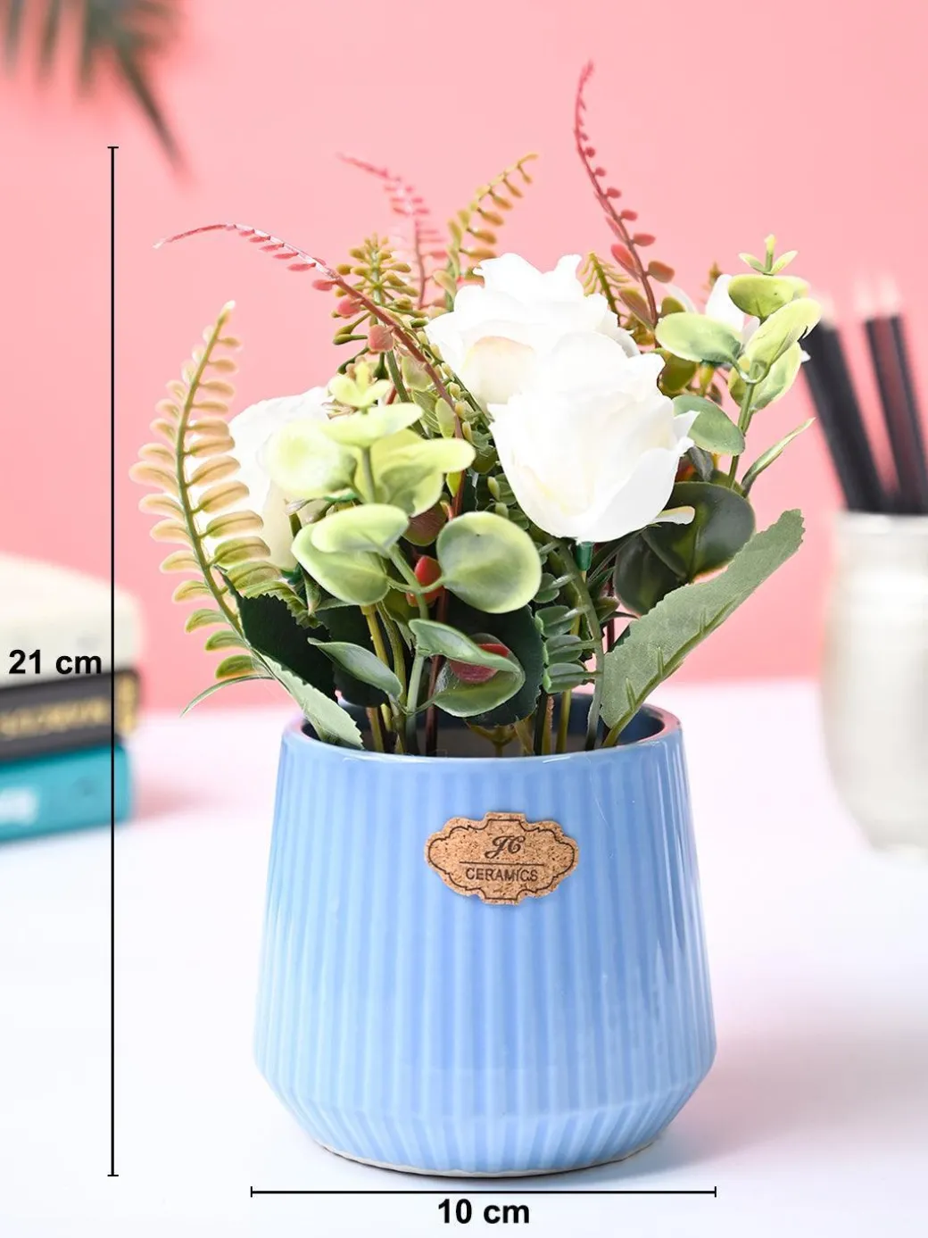 Market99 White Rose Flower With Blue Pot