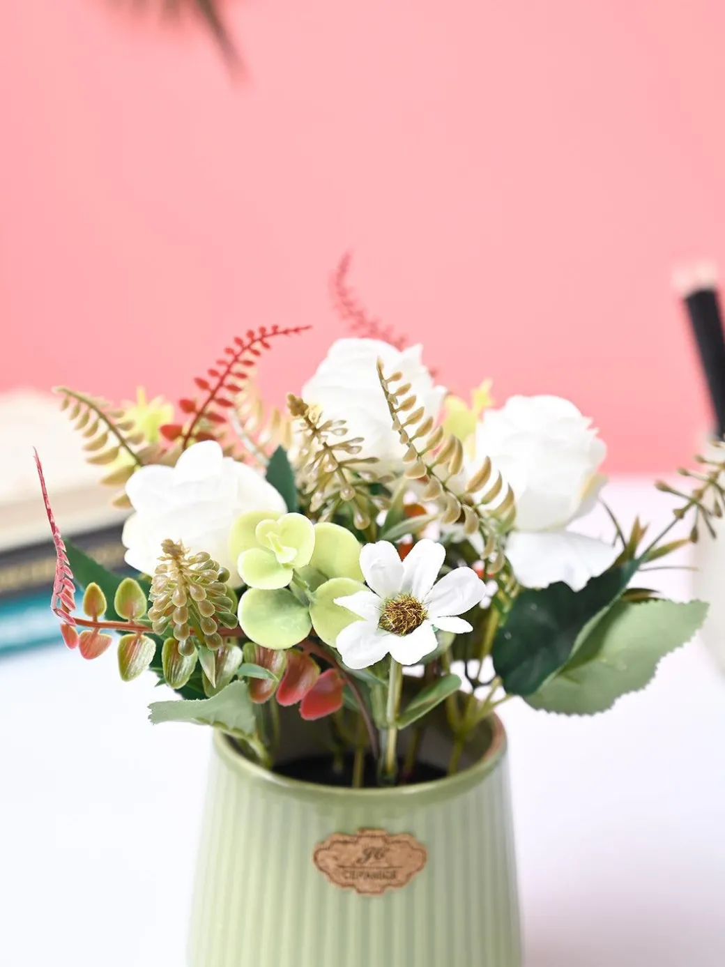 Market99 White Rose Flower With Green Pot