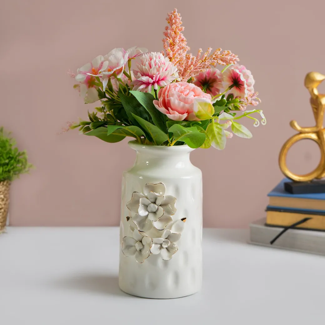 MARKET99 White Round Ceramic Vase with Floral Appliques