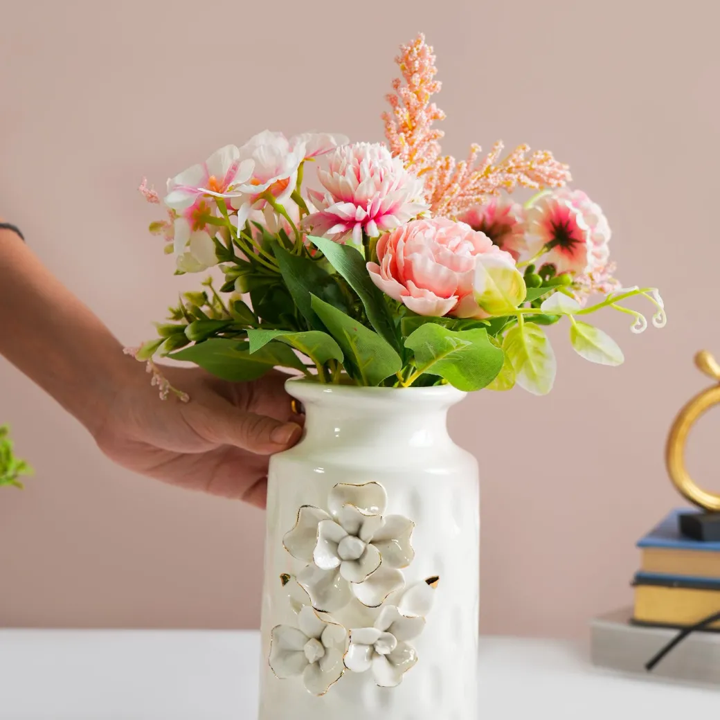 MARKET99 White Round Ceramic Vase with Floral Appliques