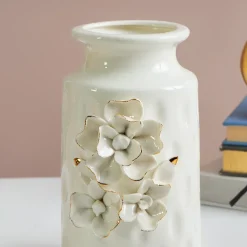 MARKET99 White Round Ceramic Vase with Floral Appliques