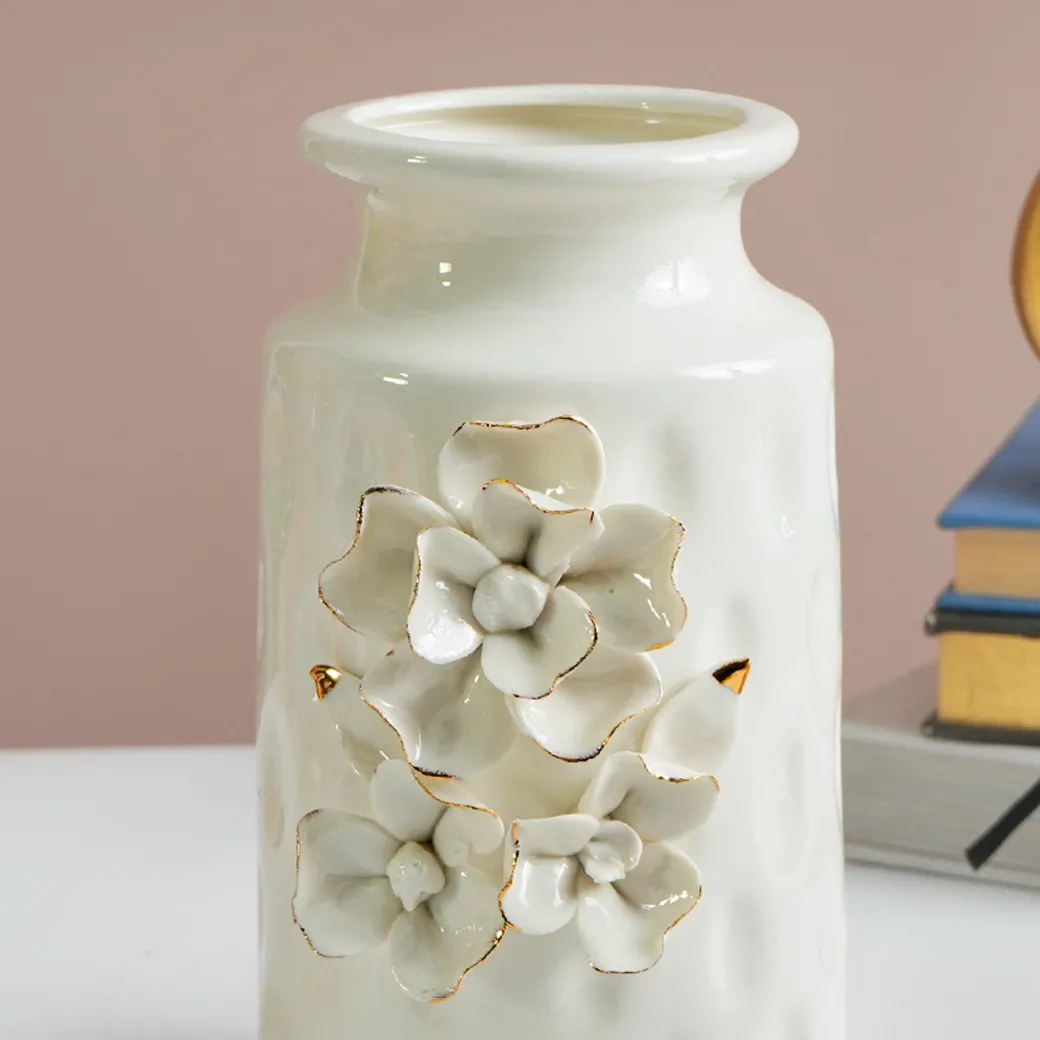 MARKET99 White Round Ceramic Vase with Floral Appliques