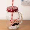 Mason Jar, with Straw & Lid, Red, Glass, 450 mL
