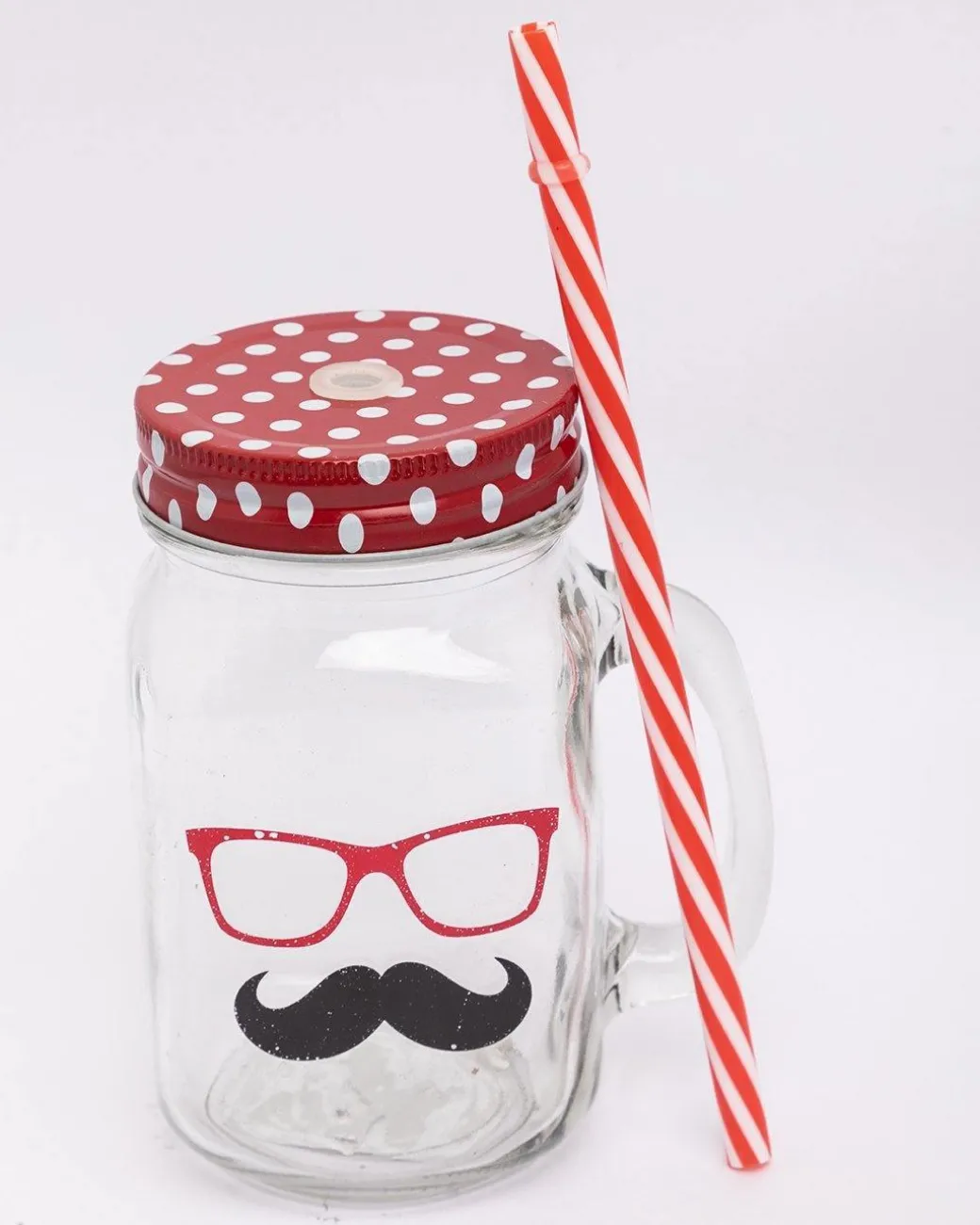 Mason Jar, with Straw & Lid, Red, Glass, 450 mL