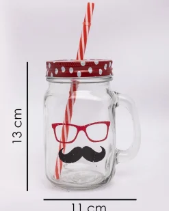 Mason Jar, with Straw & Lid, Red, Glass, 450 mL