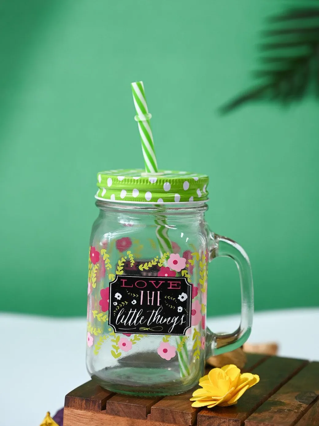 Mason Jar, with Straw & Lid, Green, Glass, 450 mL