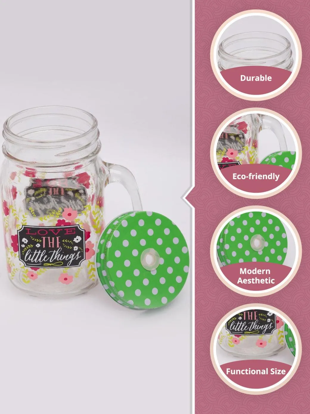 Mason Jar, with Straw & Lid, Green, Glass, 450 mL