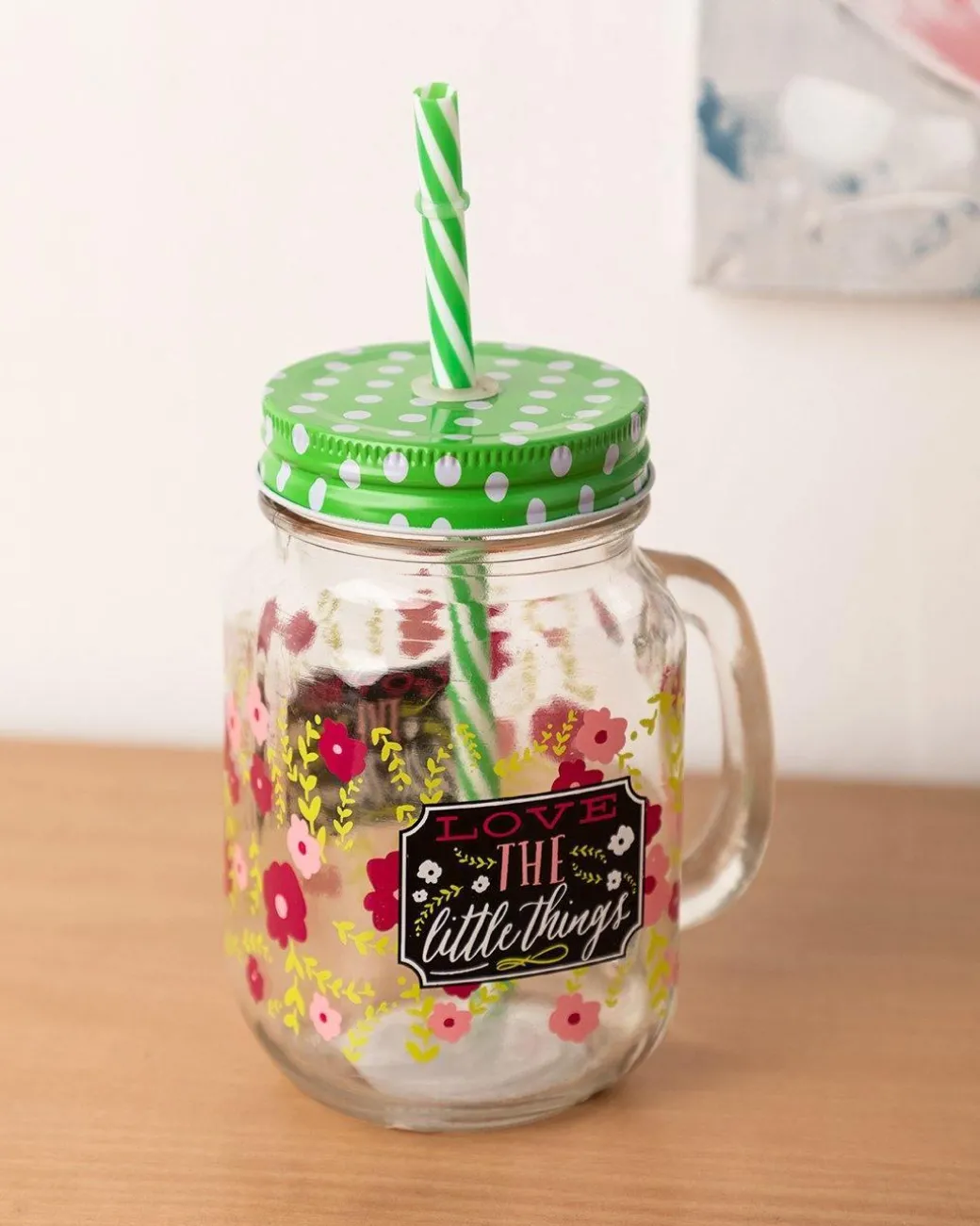 Mason Jar, with Straw & Lid, Green, Glass, 450 mL