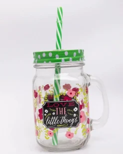 Mason Jar, with Straw & Lid, Green, Glass, 450 mL