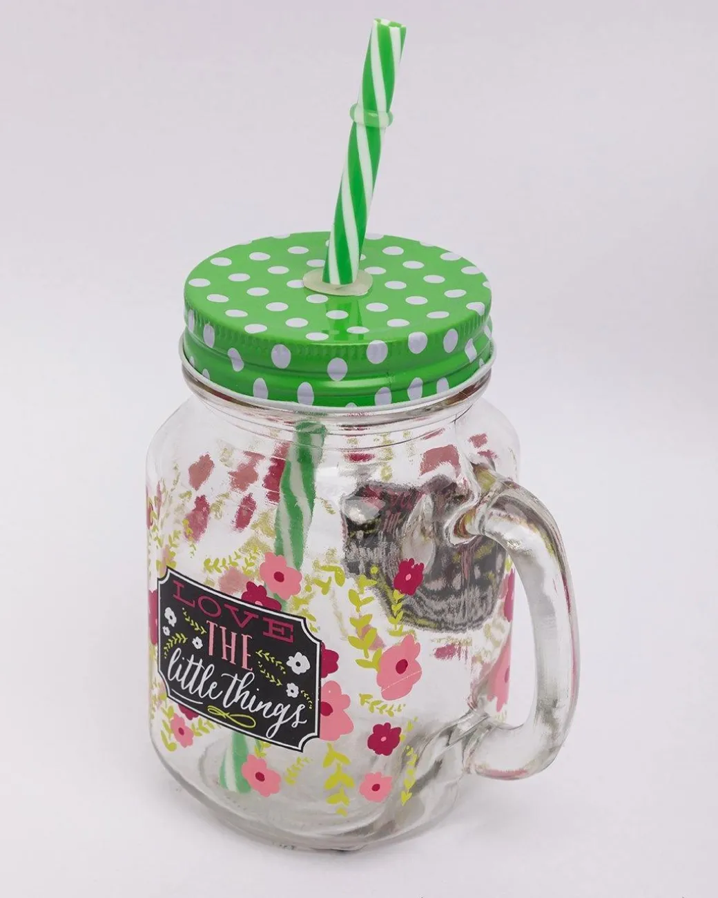 Mason Jar, with Straw & Lid, Green, Glass, 450 mL