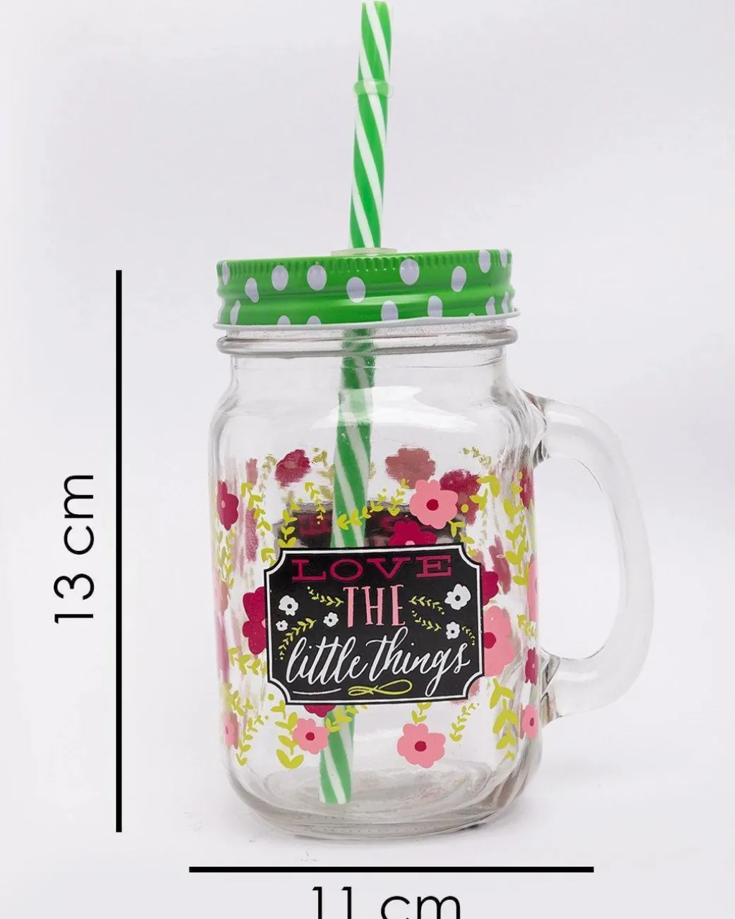 Mason Jar, with Straw & Lid, Green, Glass, 450 mL