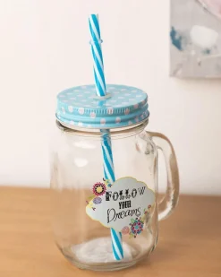 Mason Jar, with Straw & Lid, Blue, Glass, 450 mL