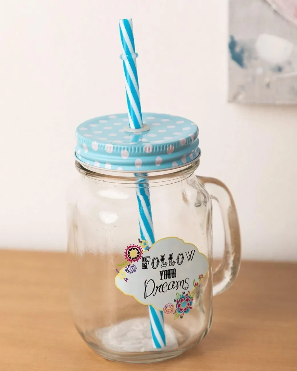 Mason Jar, with Straw & Lid, Blue, Glass, 450 mL