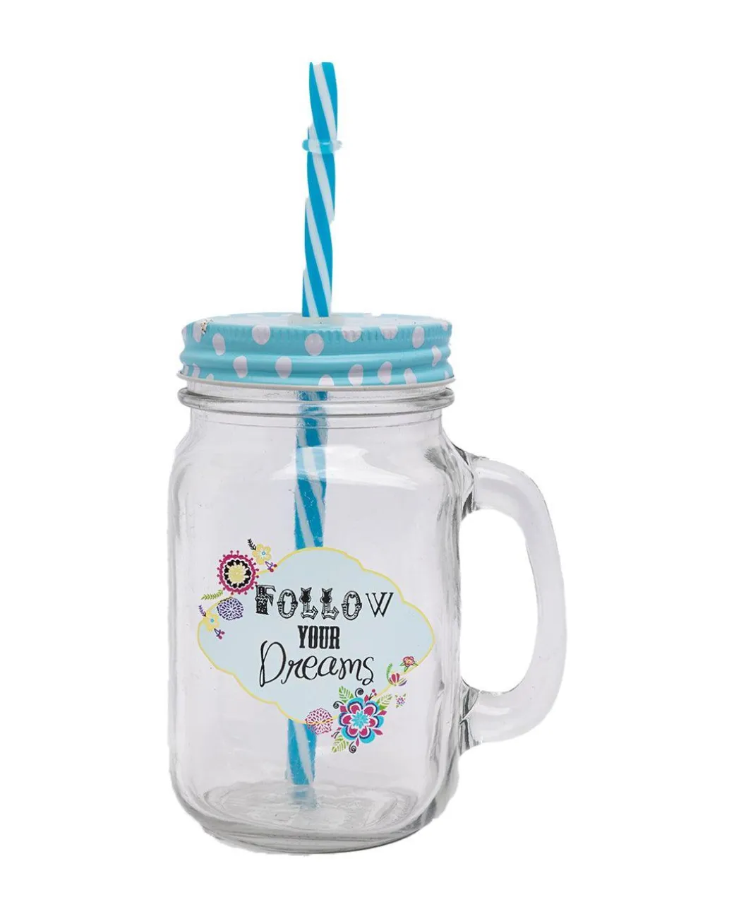 Mason Jar, with Straw & Lid, Blue, Glass, 450 mL