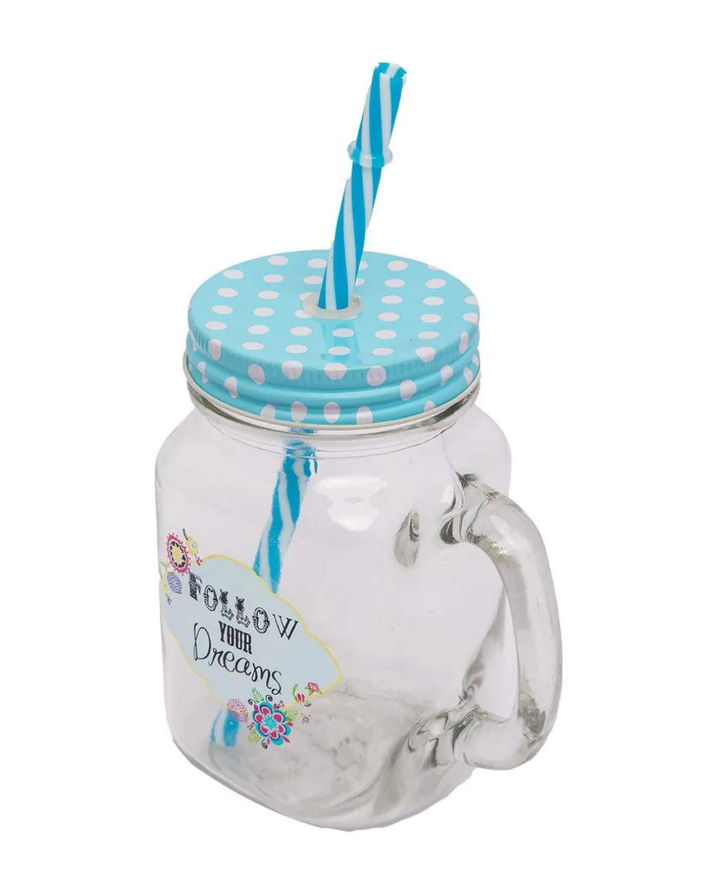 Mason Jar, with Straw & Lid, Blue, Glass, 450 mL