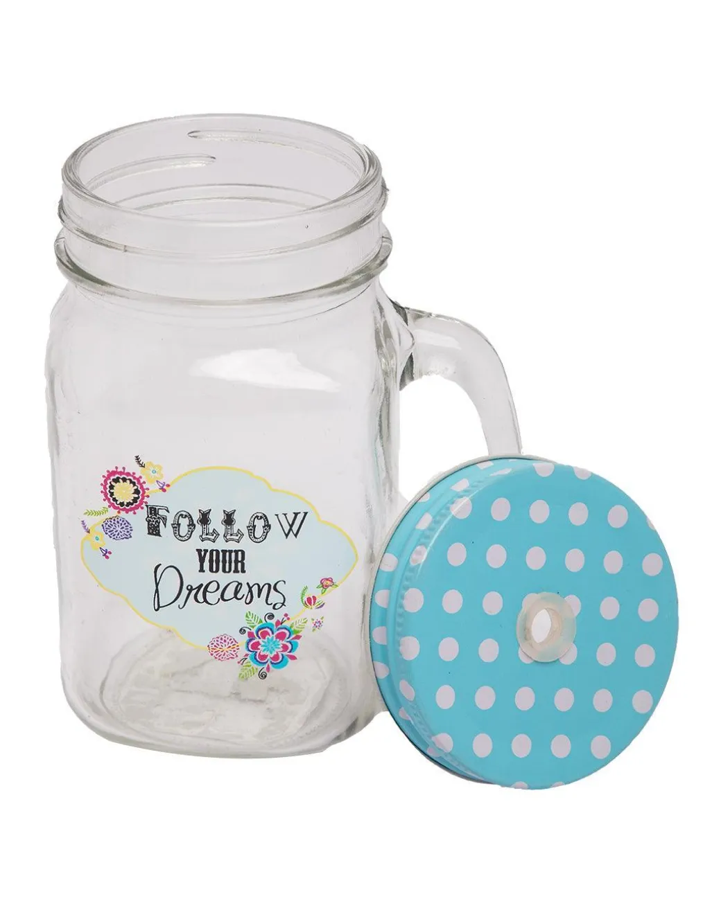 Mason Jar, with Straw & Lid, Blue, Glass, 450 mL