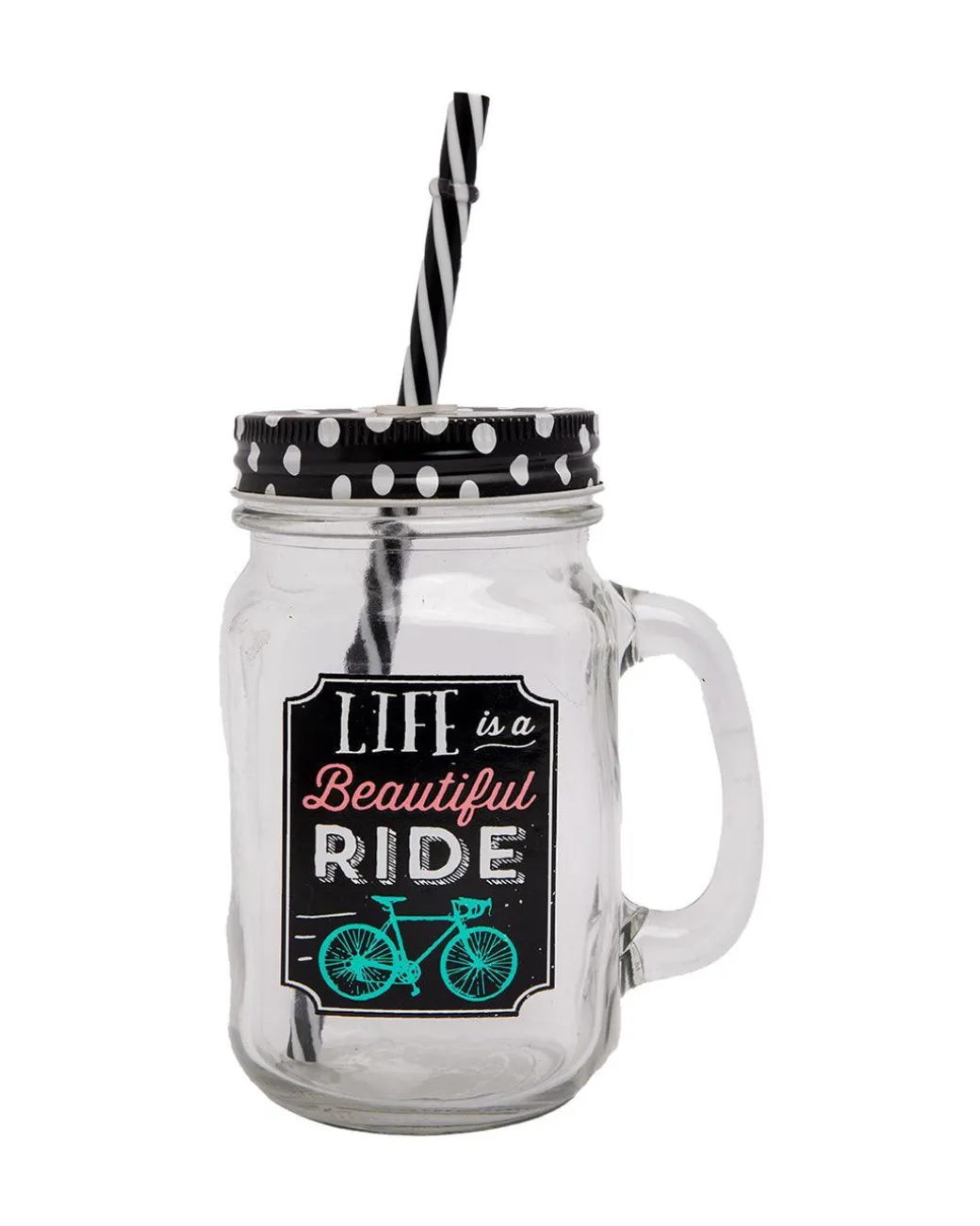 Mason Jar, with Straw & Lid, Black, Glass, 450 mL