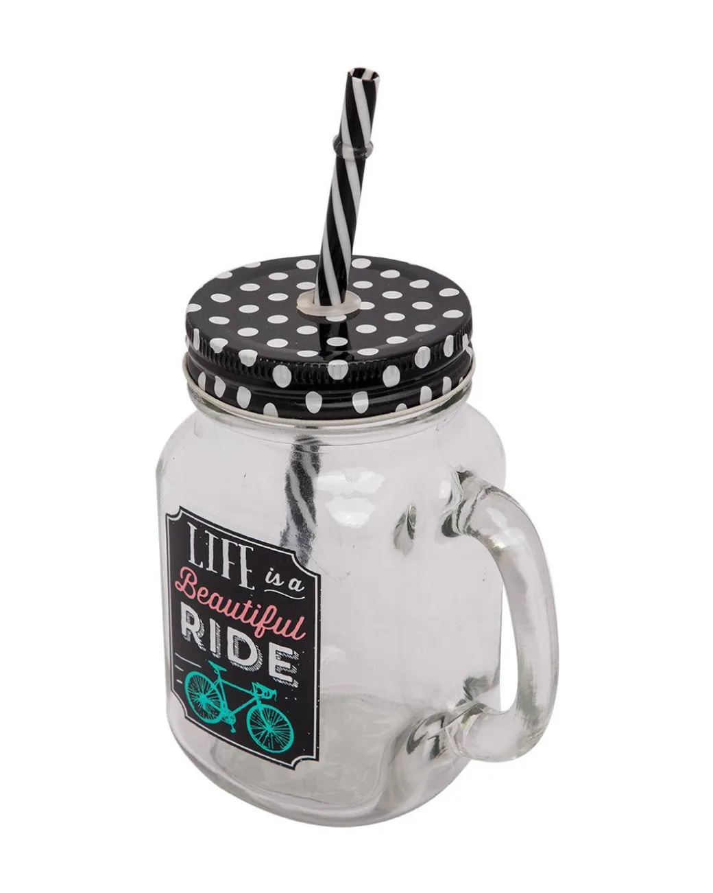Mason Jar, with Straw & Lid, Black, Glass, 450 mL