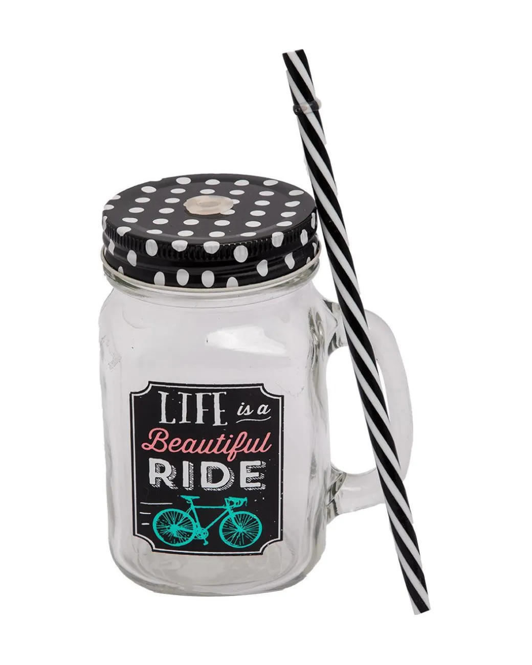 Mason Jar, with Straw & Lid, Black, Glass, 450 mL