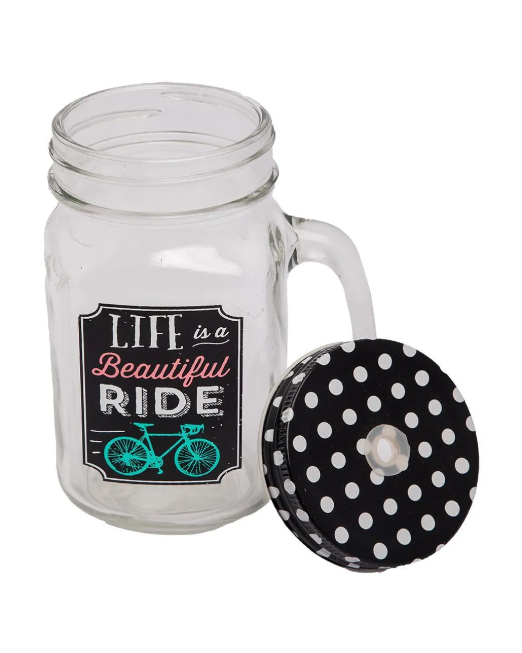 Mason Jar, with Straw & Lid, Black, Glass, 450 mL