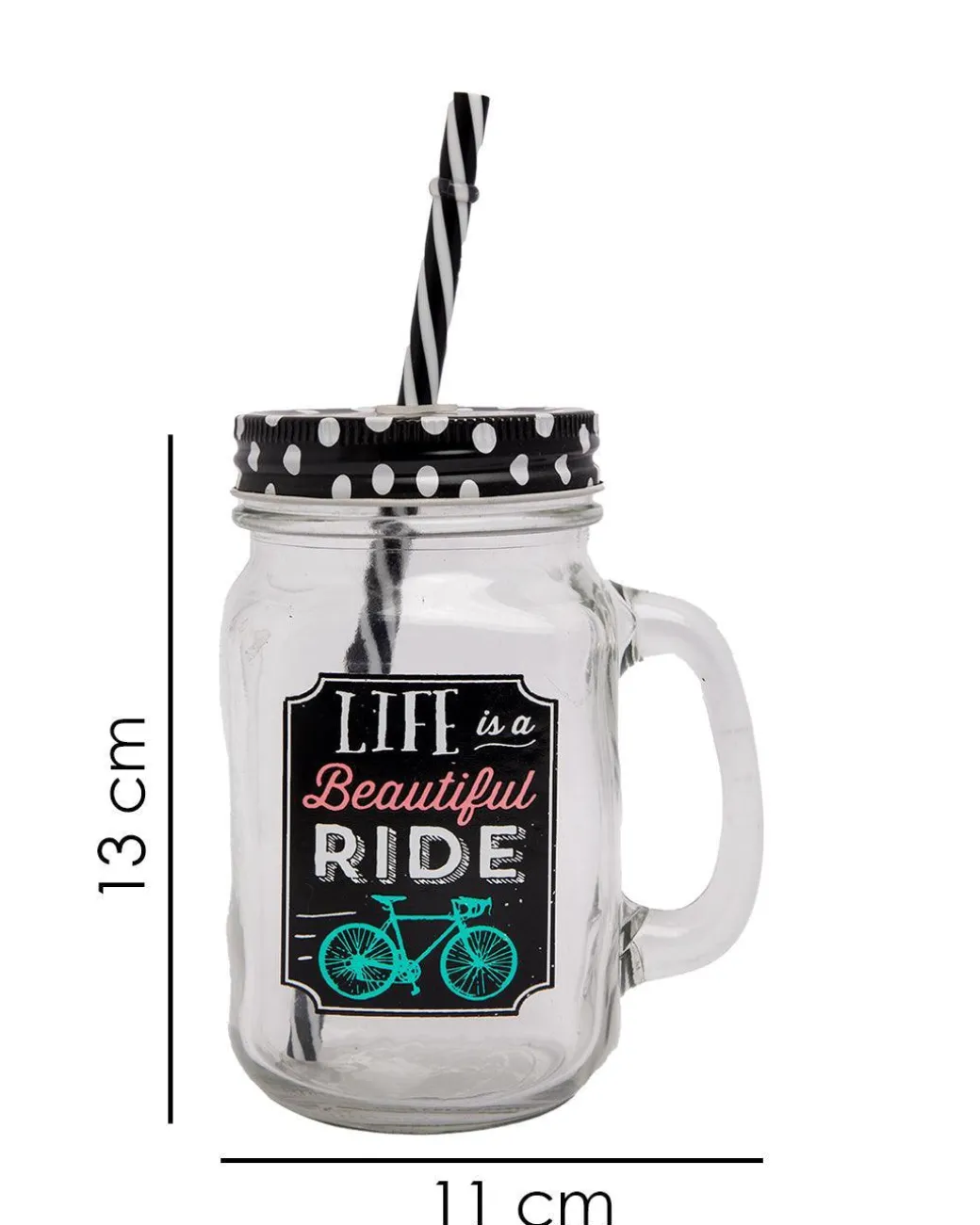 Mason Jar, with Straw & Lid, Black, Glass, 450 mL