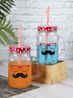 Mason Mug With Straw Set Of 2 (Each 450 Ml)