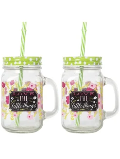 Mason Mug With Straw Set Of 2 (Each 450 Ml)