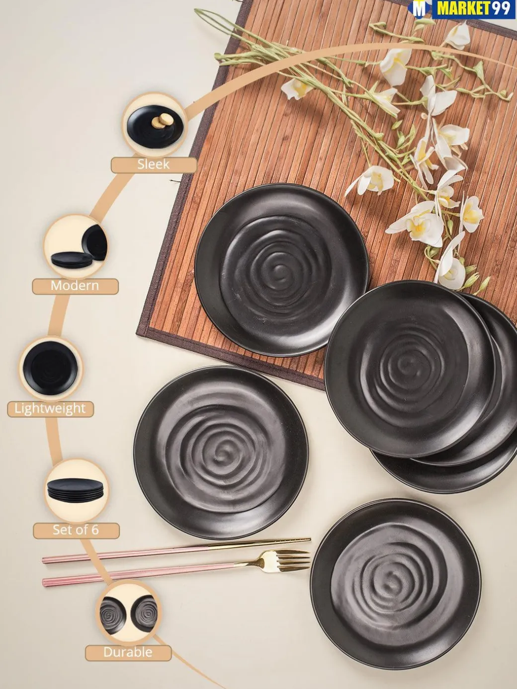 Melamine Black Round Quarter Plate (Set of 6)