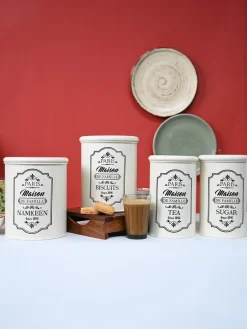 Metal Tea & Sugar Jar (Each 900 Ml) + Cookie & Namkeen Jar (Each 1700 Ml) - Ivory, Set Of 4