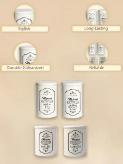 Metal Tea & Sugar Jar (Each 900 Ml) + Cookie & Namkeen Jar (Each 1700 Ml) - Ivory, Set Of 4