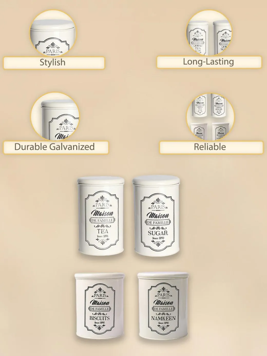 Metal Tea & Sugar Jar (Each 900 Ml) + Cookie & Namkeen Jar (Each 1700 Ml) - Ivory, Set Of 4