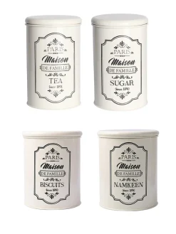 Metal Tea & Sugar Jar (Each 900 Ml) + Cookie & Namkeen Jar (Each 1700 Ml) - Ivory, Set Of 4