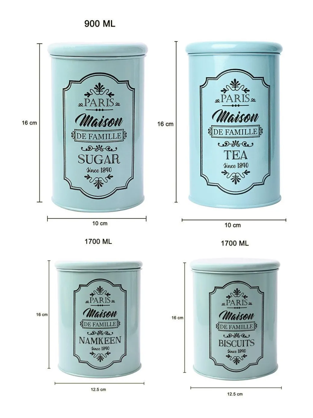 Metal Tea & Sugar Jar (Each 900 Ml) + Cookie & Namkeen Jar (Each 1700 Ml) - Green, Set Of 4