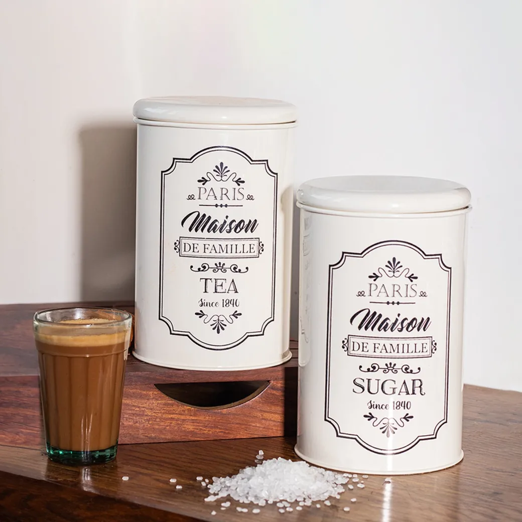 Metal Tea & Sugar Jar Set - Each Ivory & 900 Ml
