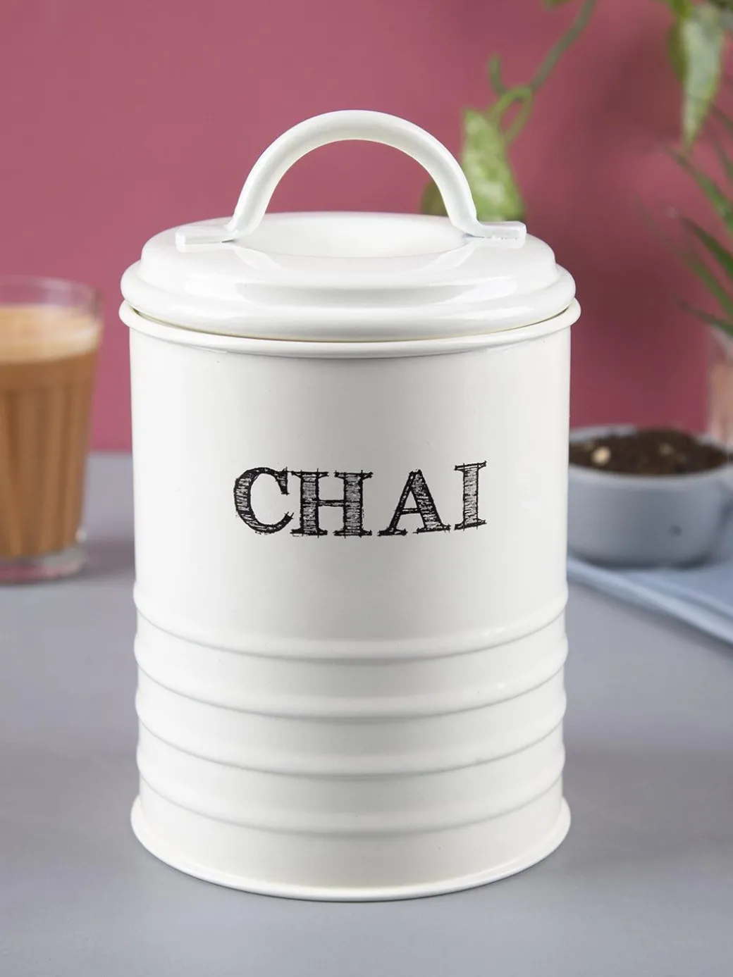 Mild Steel White Cylindrical Chai Jar (800 ML)