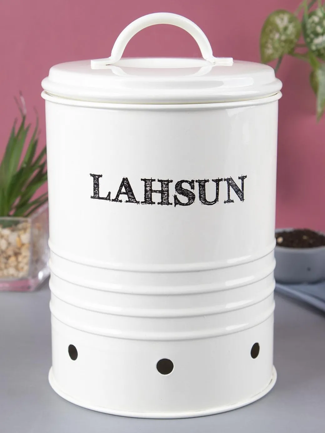 Mild Steel White Cylindrical Lahsun Jar